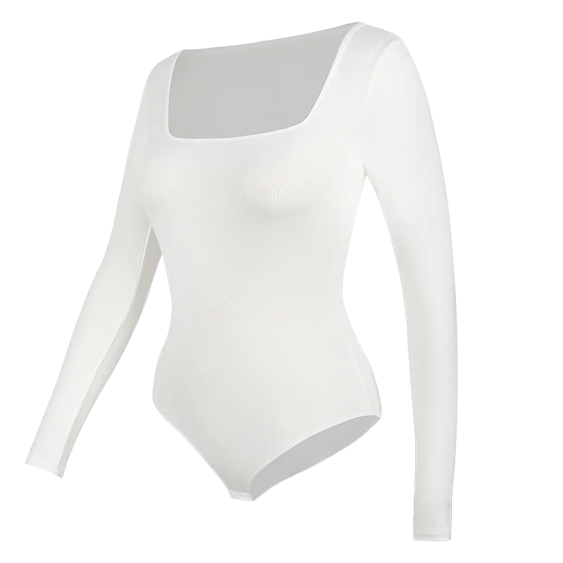 Womens Bodysuit Low Cut Square Neck Long Sleeve Shapewear Underwear Tummy Control Belly Compression Bottoming Shirt