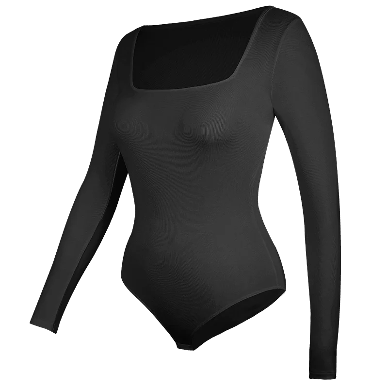 Womens Bodysuit Low Cut Square Neck Long Sleeve Shapewear Underwear Tummy Control Belly Compression Bottoming Shirt
