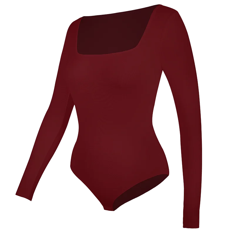 Womens Bodysuit Low Cut Square Neck Long Sleeve Shapewear Underwear Tummy Control Belly Compression Bottoming Shirt