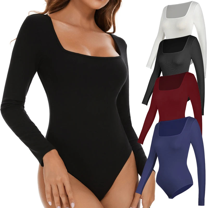 Womens Bodysuit Low Cut Square Neck Long Sleeve Shapewear Underwear Tummy Control Belly Compression Bottoming Shirt