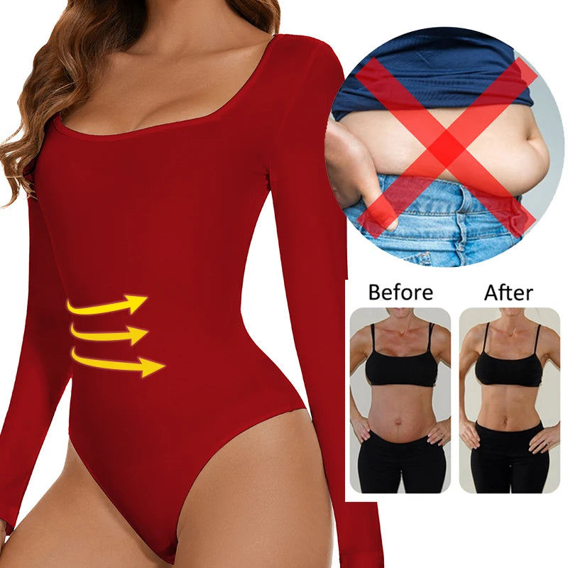 Womens Bodysuit Low Cut Square Neck Long Sleeve Shapewear Underwear Tummy Control Belly Compression Bottoming Shirt