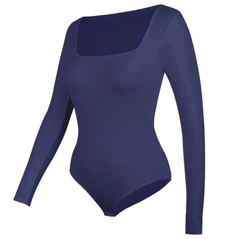 Womens Bodysuit Low Cut Square Neck Long Sleeve Shapewear Underwear Tummy Control Belly Compression Bottoming Shirt