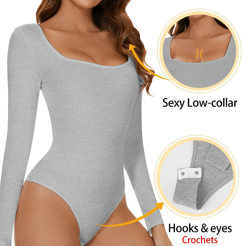 Womens Bodysuit Low Cut Square Neck Long Sleeve Shapewear Underwear Tummy Control Belly Compression Bottoming Shirt