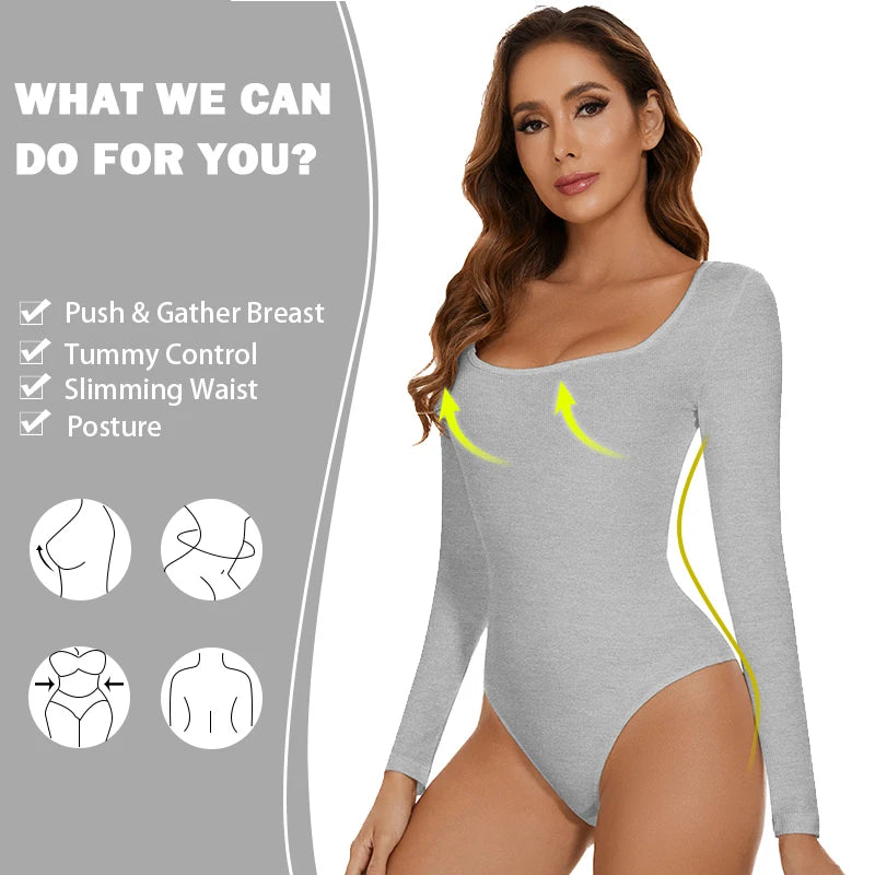 Womens Bodysuit Low Cut Square Neck Long Sleeve Shapewear Underwear Tummy Control Belly Compression Bottoming Shirt