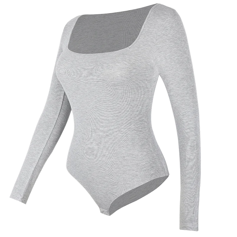 Womens Bodysuit Low Cut Square Neck Long Sleeve Shapewear Underwear Tummy Control Belly Compression Bottoming Shirt